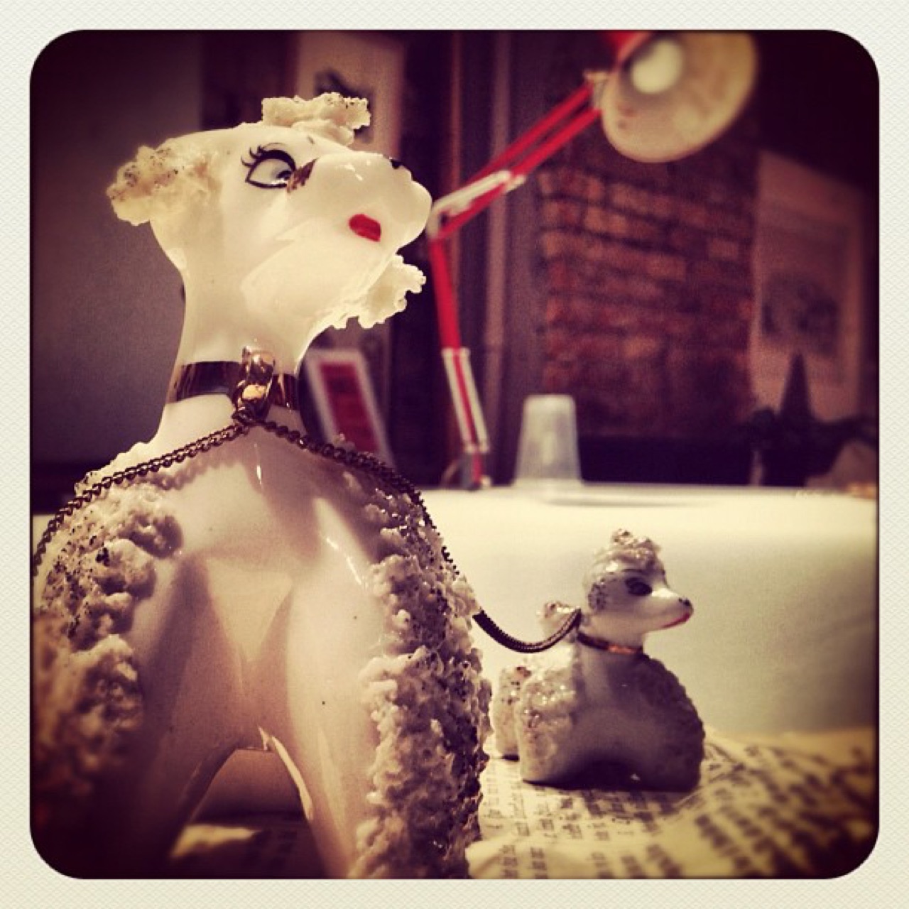 Ceramic poodles under the desk lamp