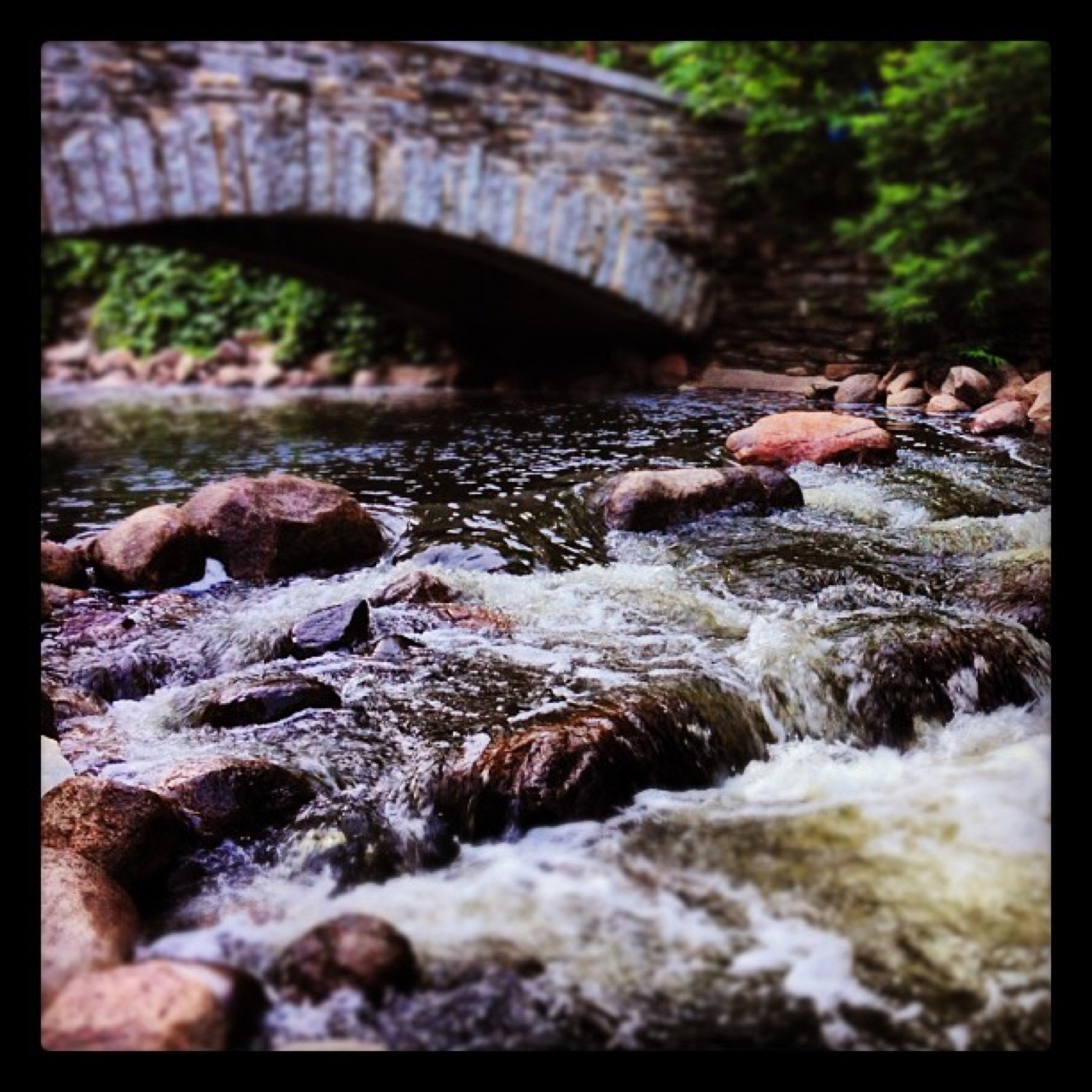 Creek rapids below a stone bridge