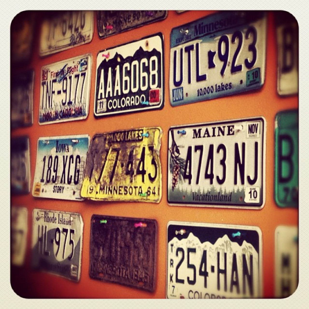 A wall of old license plates