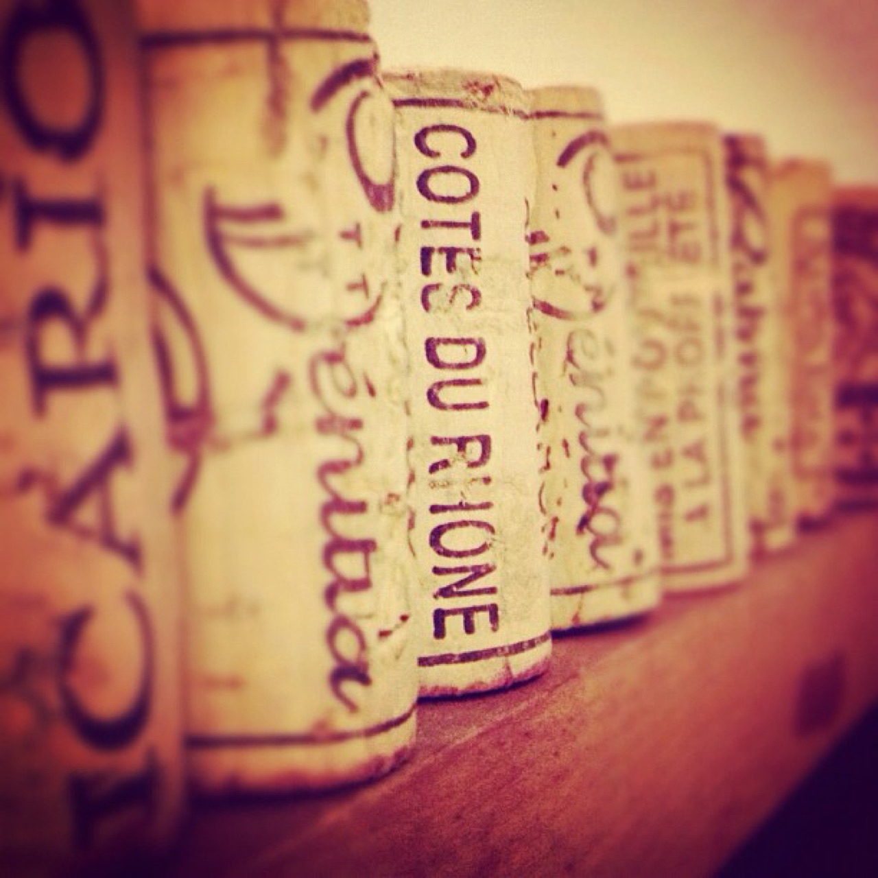 Wine corks lined up on a shelf