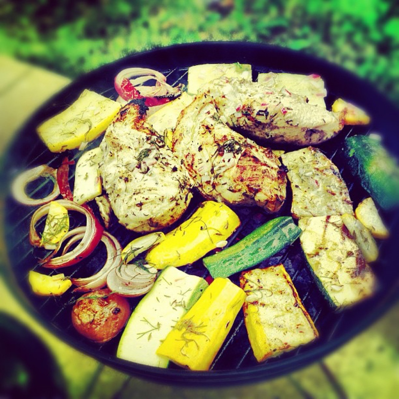 Summer squash and chicken on the grill