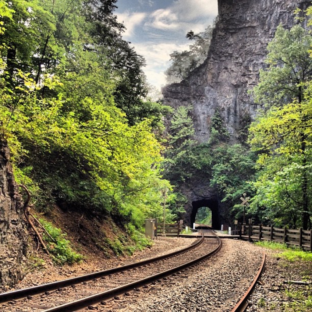 Tracks running into a natural rock tunnel