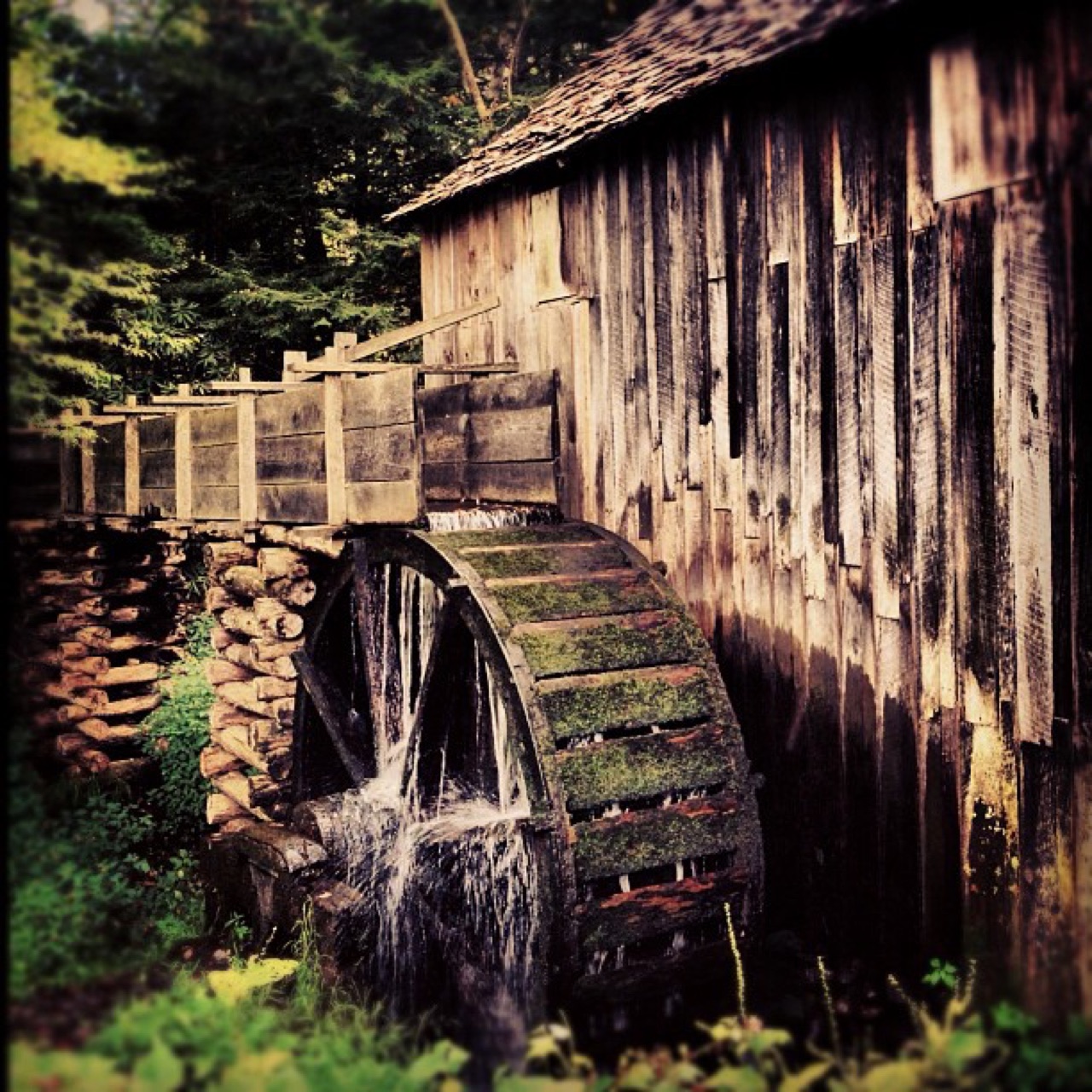 Water spilling from an old mill wheel