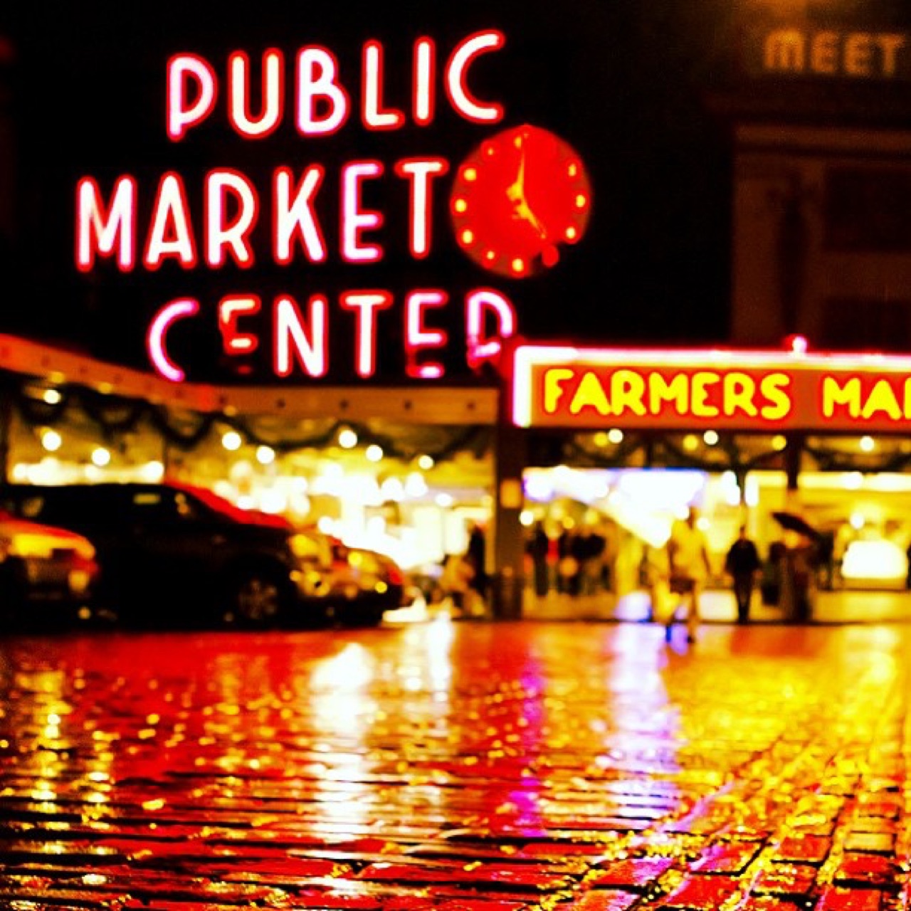 Public Market neon on a rainy night