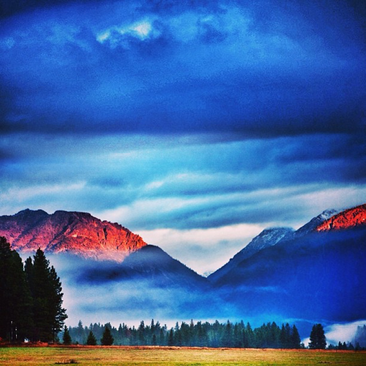 Alpenglow on peaks above valley fog