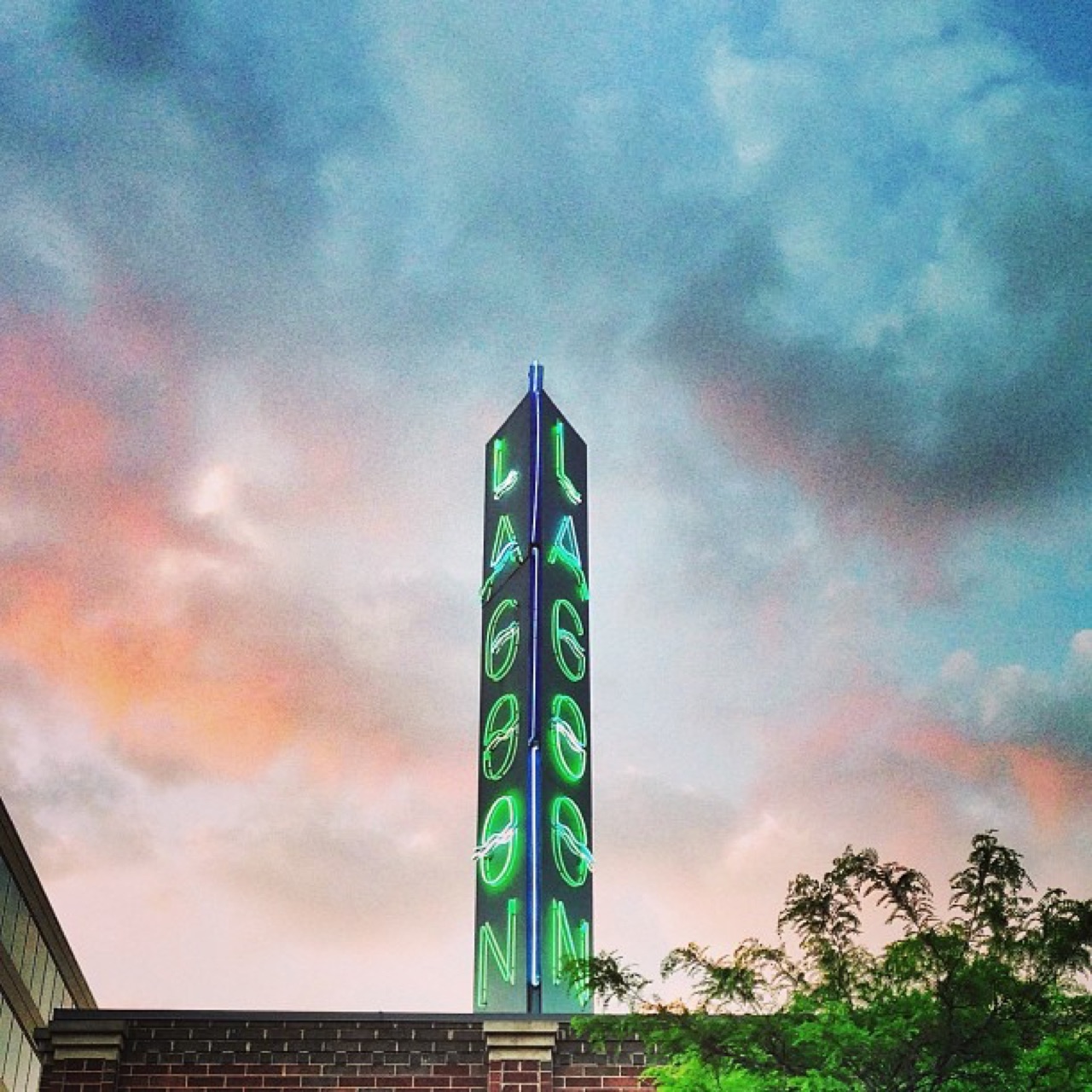 Lagoon marquee tower against evening clouds