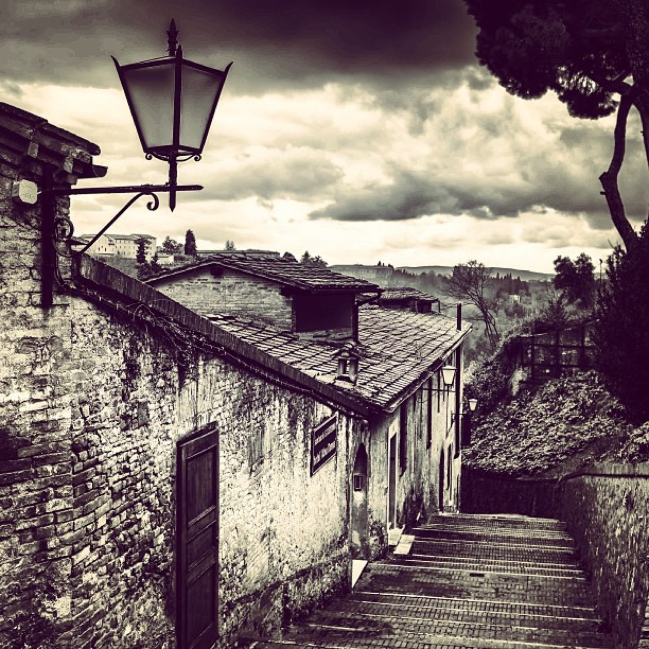 Lantern over a hill-town stairway
