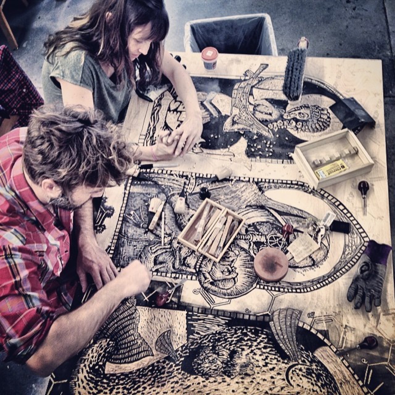 Carving the wood block for a big ass steamroller printed relief block…