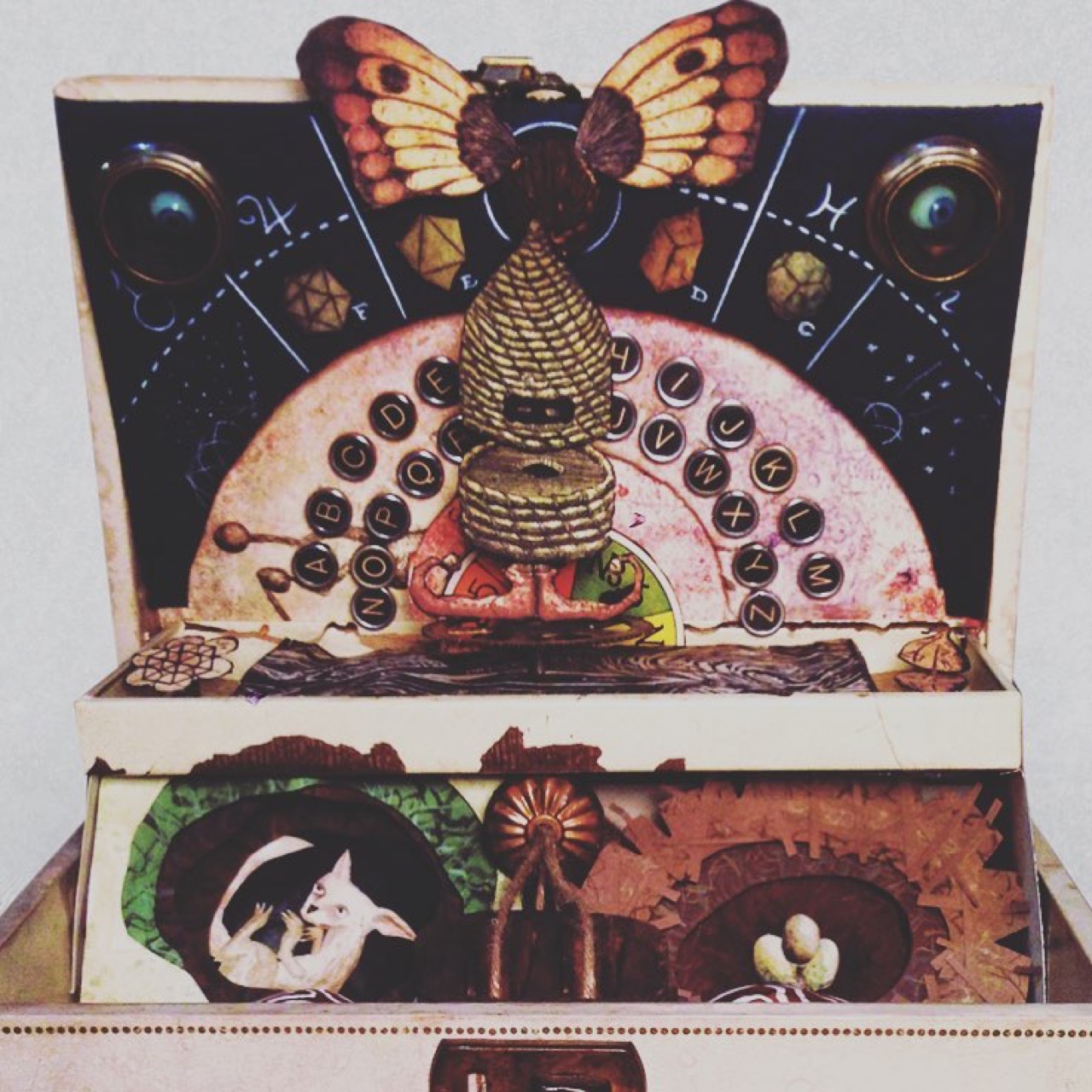 A new assemblage piece made in an old jewelry box for an exhibit at…