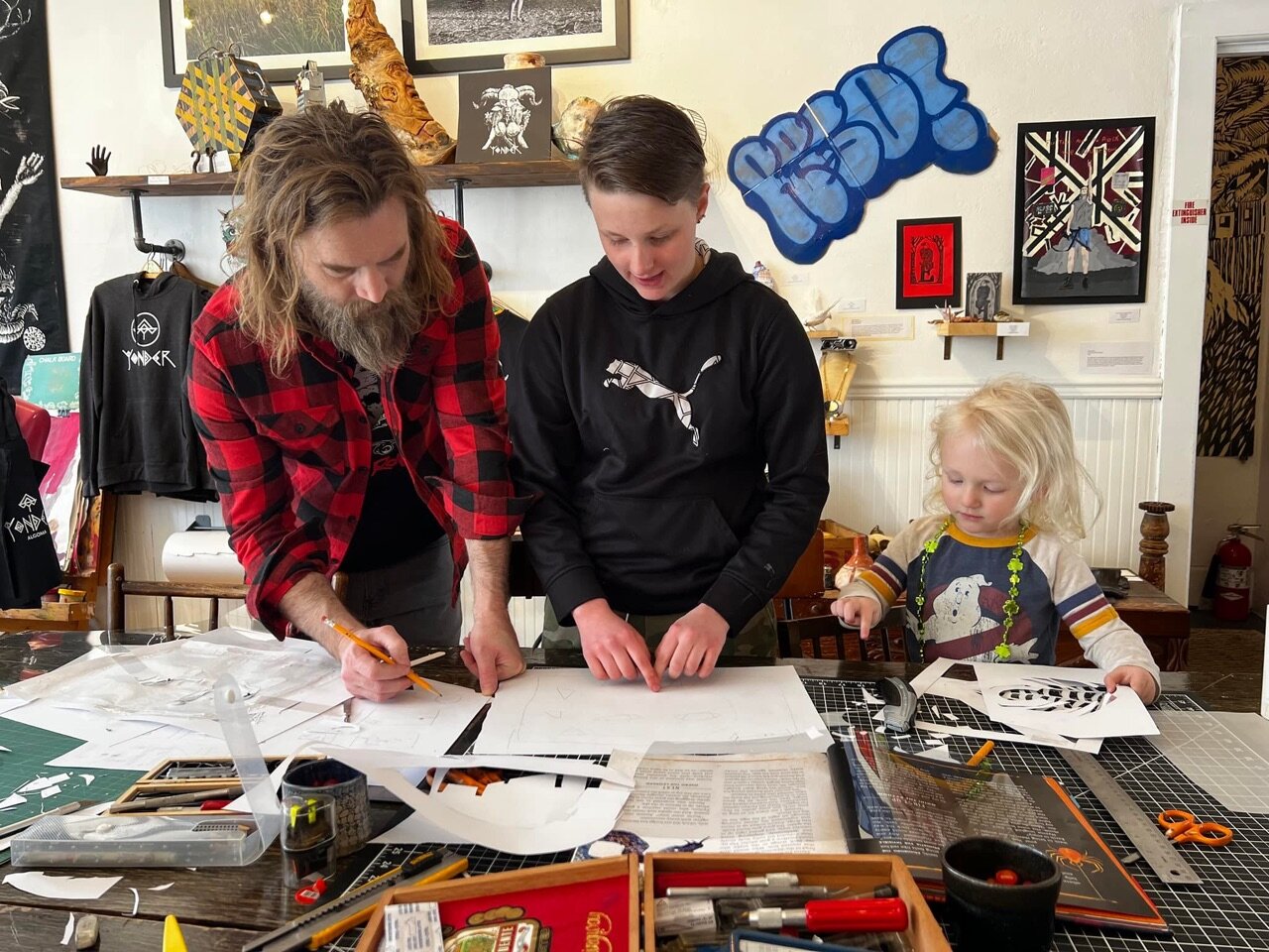 Puppeteers convened to craft new paper worlds at Yonder today to…