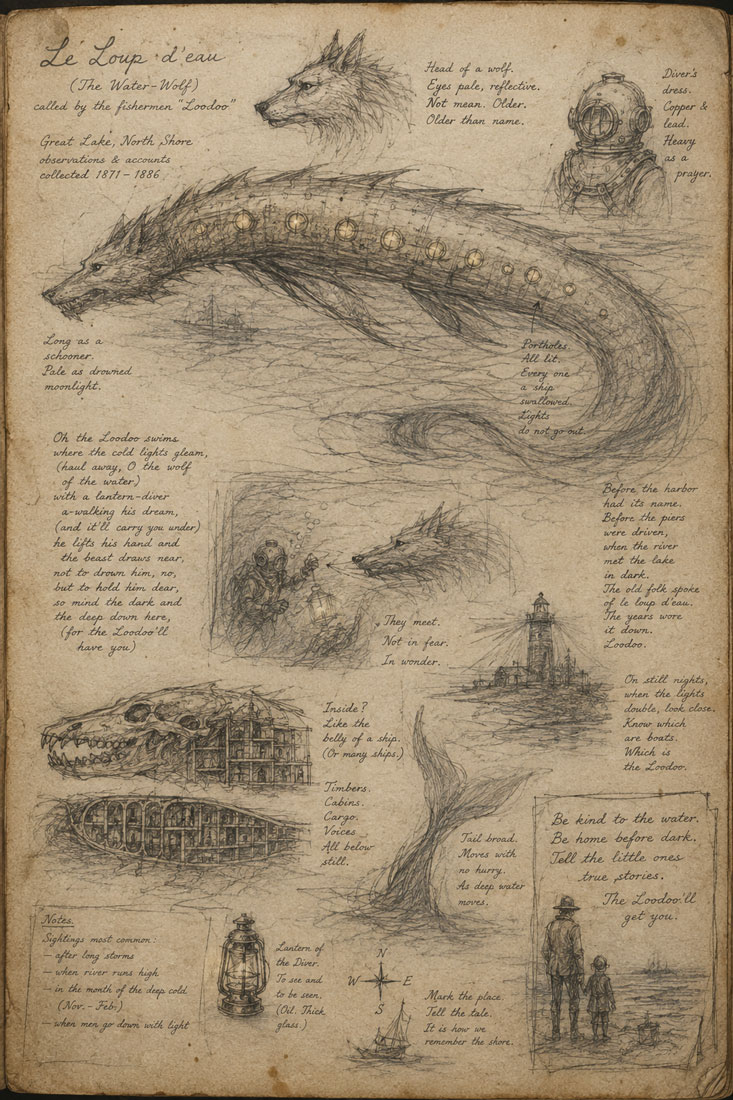 A naturalist's field-notebook page studying the Loodoo: the water-wolf coiling through the deep, the copper-helmeted diver, the lit portholes along its flank, and the shanty written out in a careful hand.