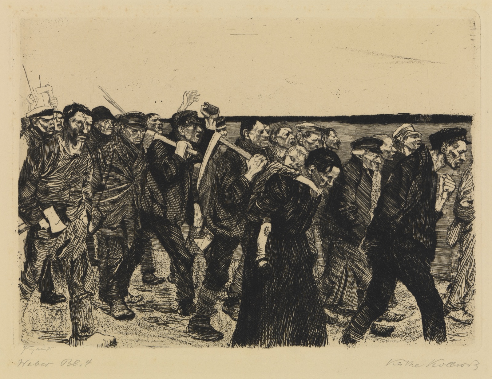 Käthe Kollwitz etching of a crowd of working men and women marching with tools over their shoulders, one woman carrying a sleeping child on her back