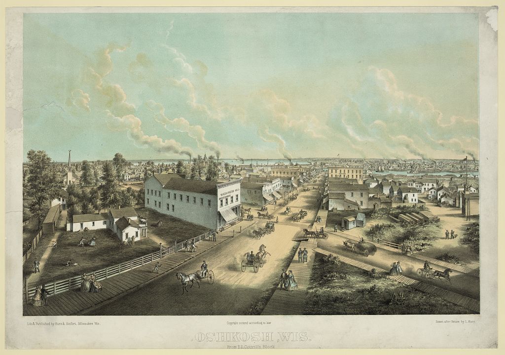 Lithograph bird's-eye view of Oshkosh in the 1850s, dirt streets and wood-frame buildings with smokestacks rising along the river beyond