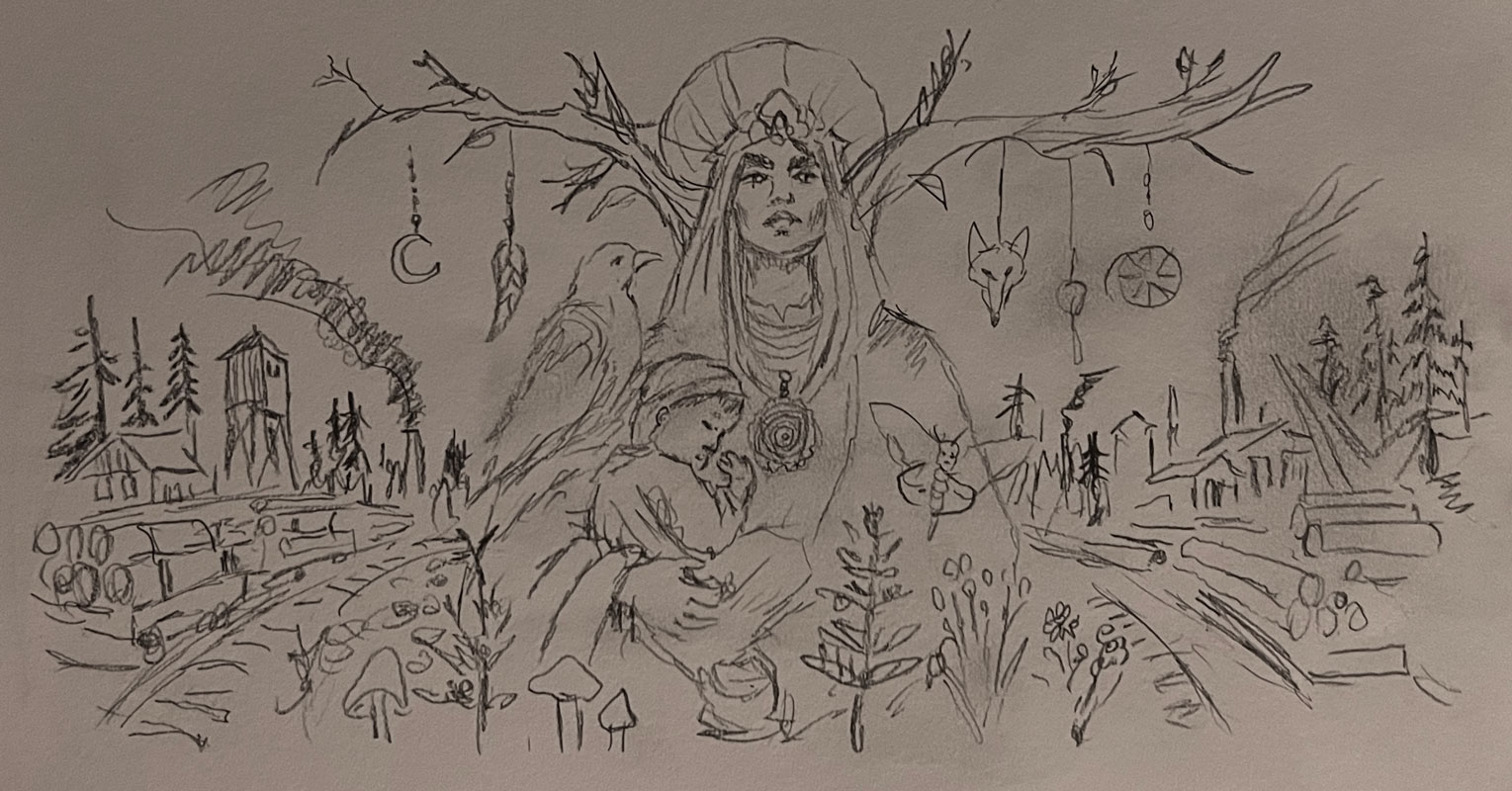 First pencil sketch of the Mill Madonna concept: a monumental woman holding a child, raven at her shoulder, mill town on either side