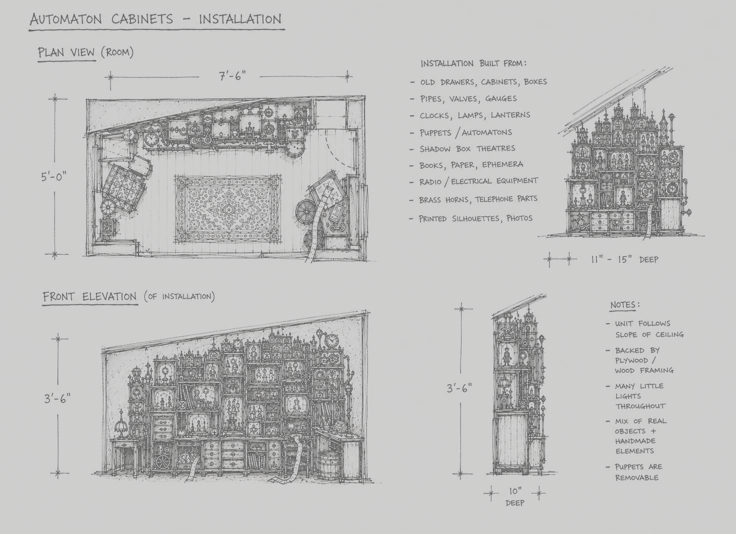 The installation plan, drawn after the build. 'Automaton Cabinets': plan, elevation, materials list, scale. The drawing is part of the piece.