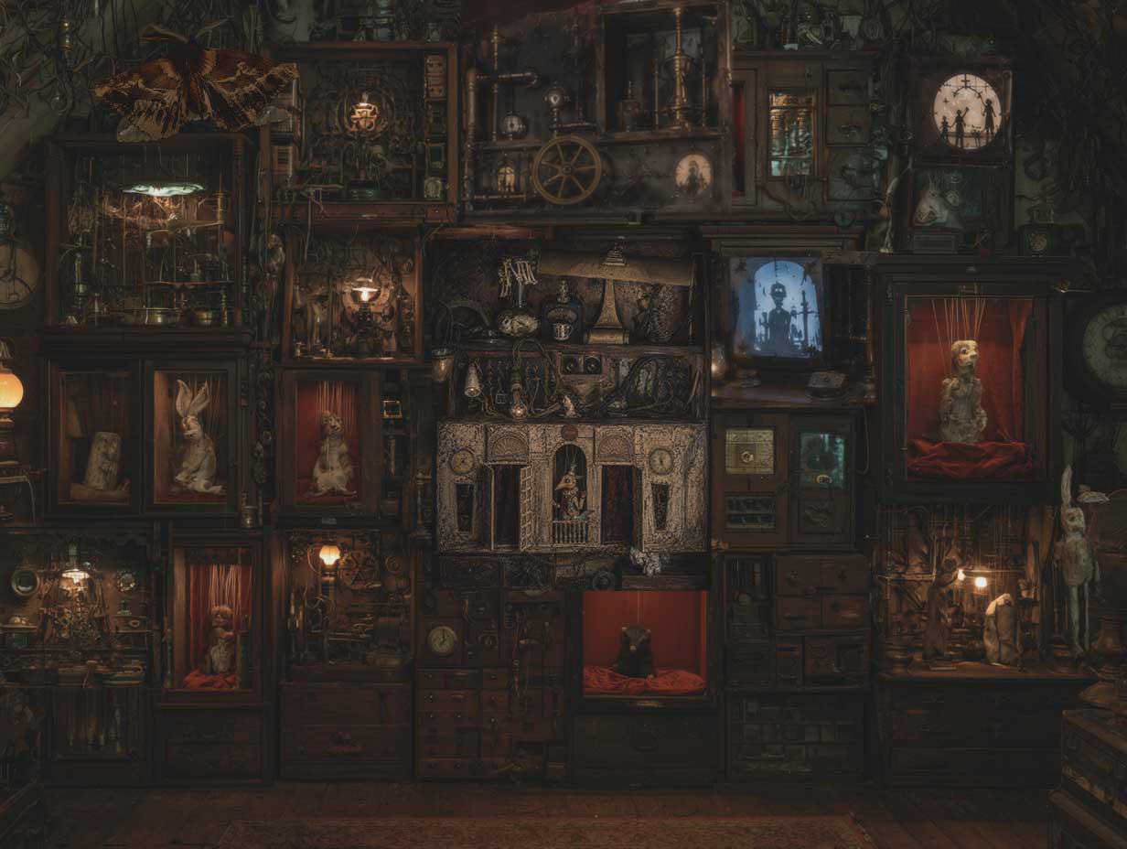 A digital render made later, of how the room should have looked. Denser and more resolved than the photographs: the rabbits, the marionettes, the shadow-box lit from within.