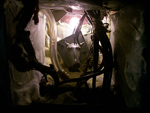 A horned skull lit in a niche. Instruments of measurement beside instruments of restraint.